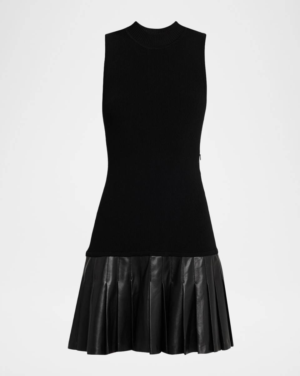 Sleeveless Vegan Leather-Hem Mini Dress